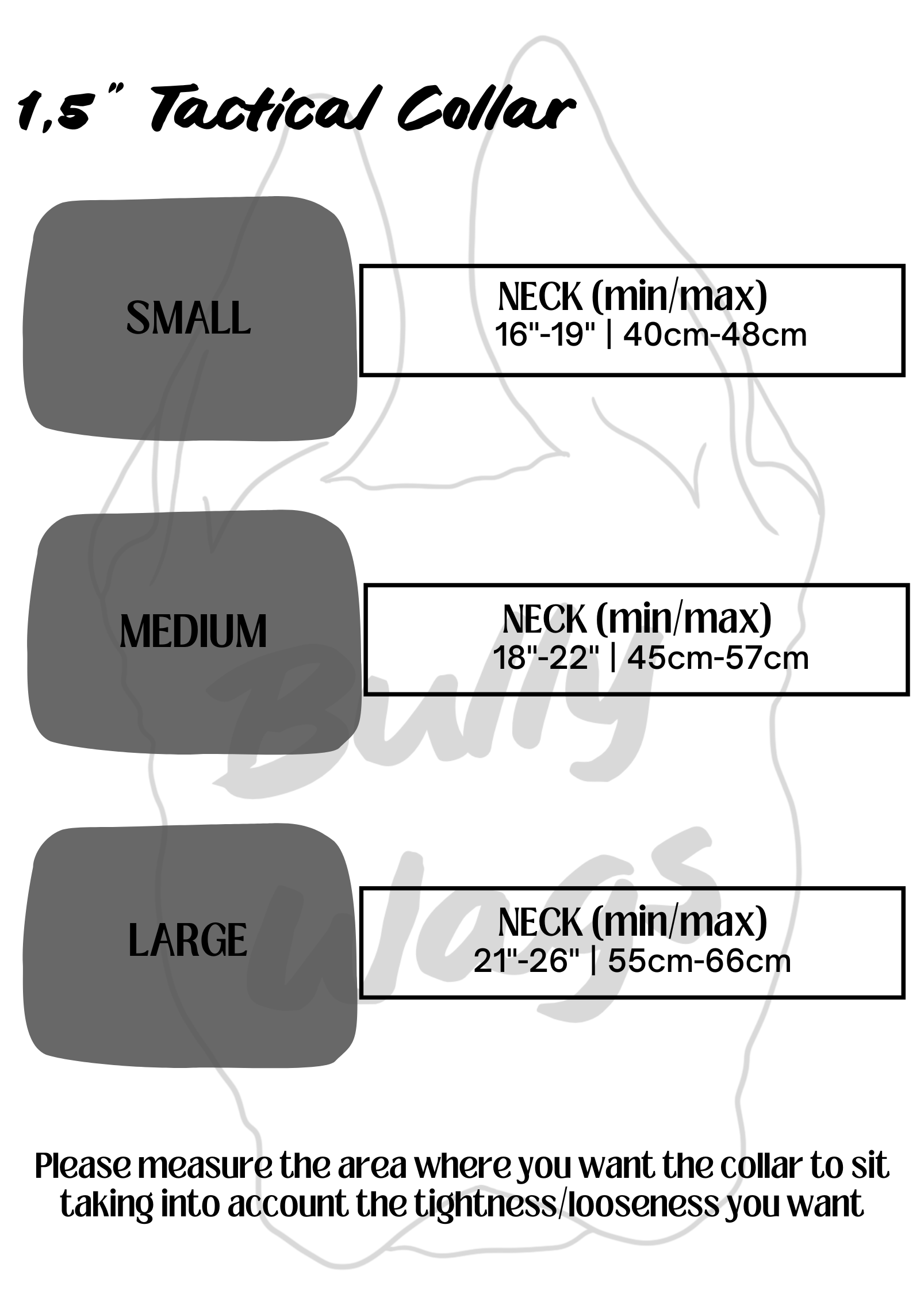 1.5-inch tactical dog collar size chart showing sizing information and measurement instructions for selecting the correct collar size.
