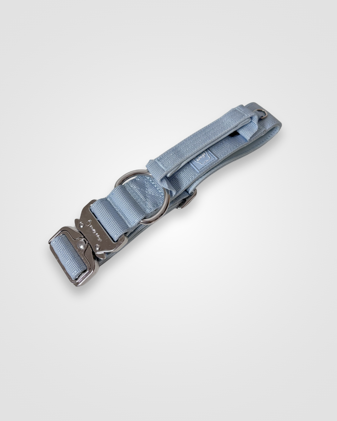 Baby blue nylon dog collar with metal buckle displayed on a light gray background.