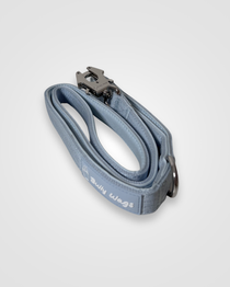 Baby blue nylon dog leash with metal clip displayed on a light gray background.