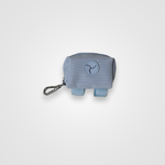 Baby blue dog poop bag dispenser with carabiner displayed on a white background.