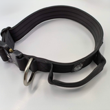 Black 1.5-inch nylon dog collar with a handle, black metal buckle, and black hardware, displayed on a white background.
