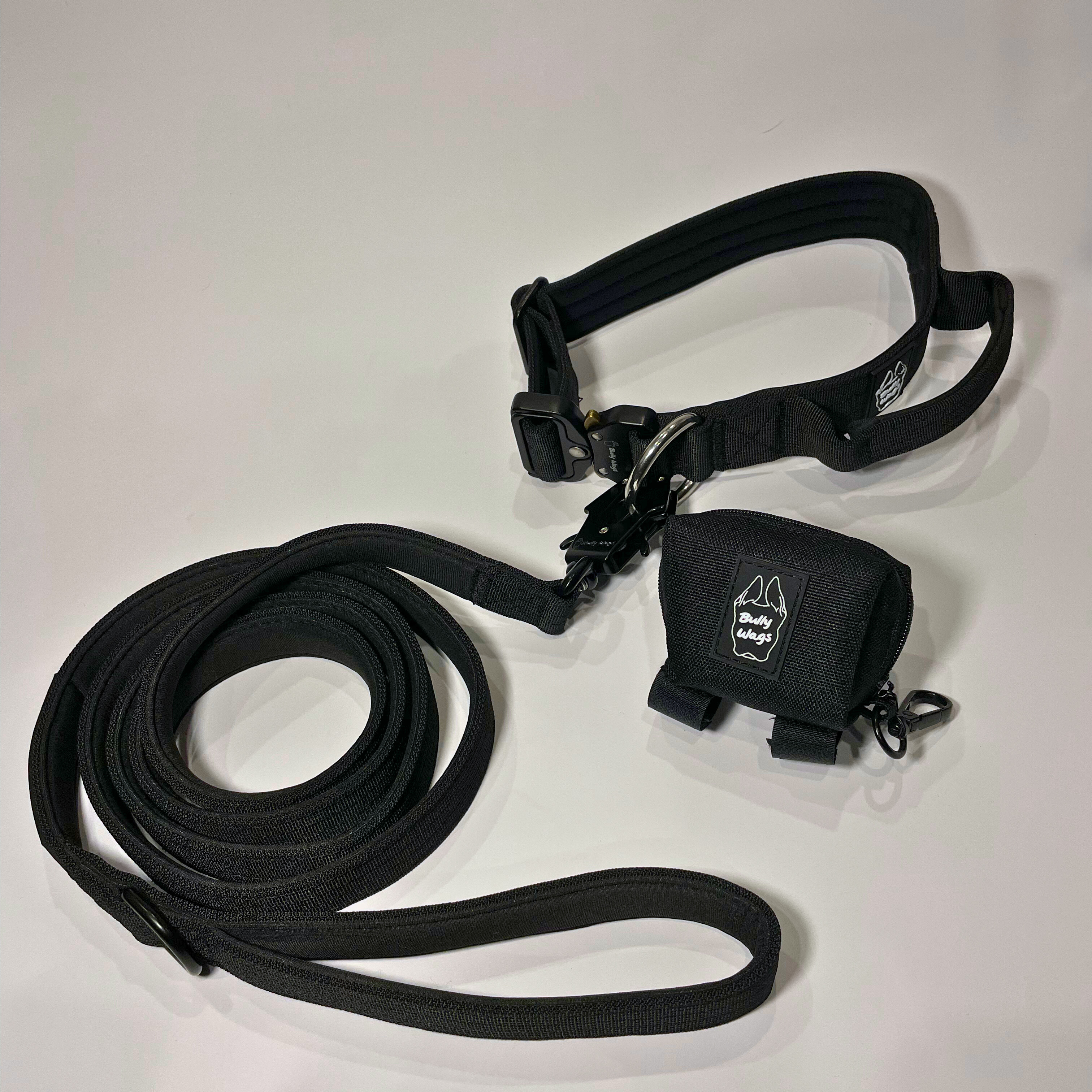Black dog collar, matching nylon leash, and portable poop bag dispenser set displayed on a white background.