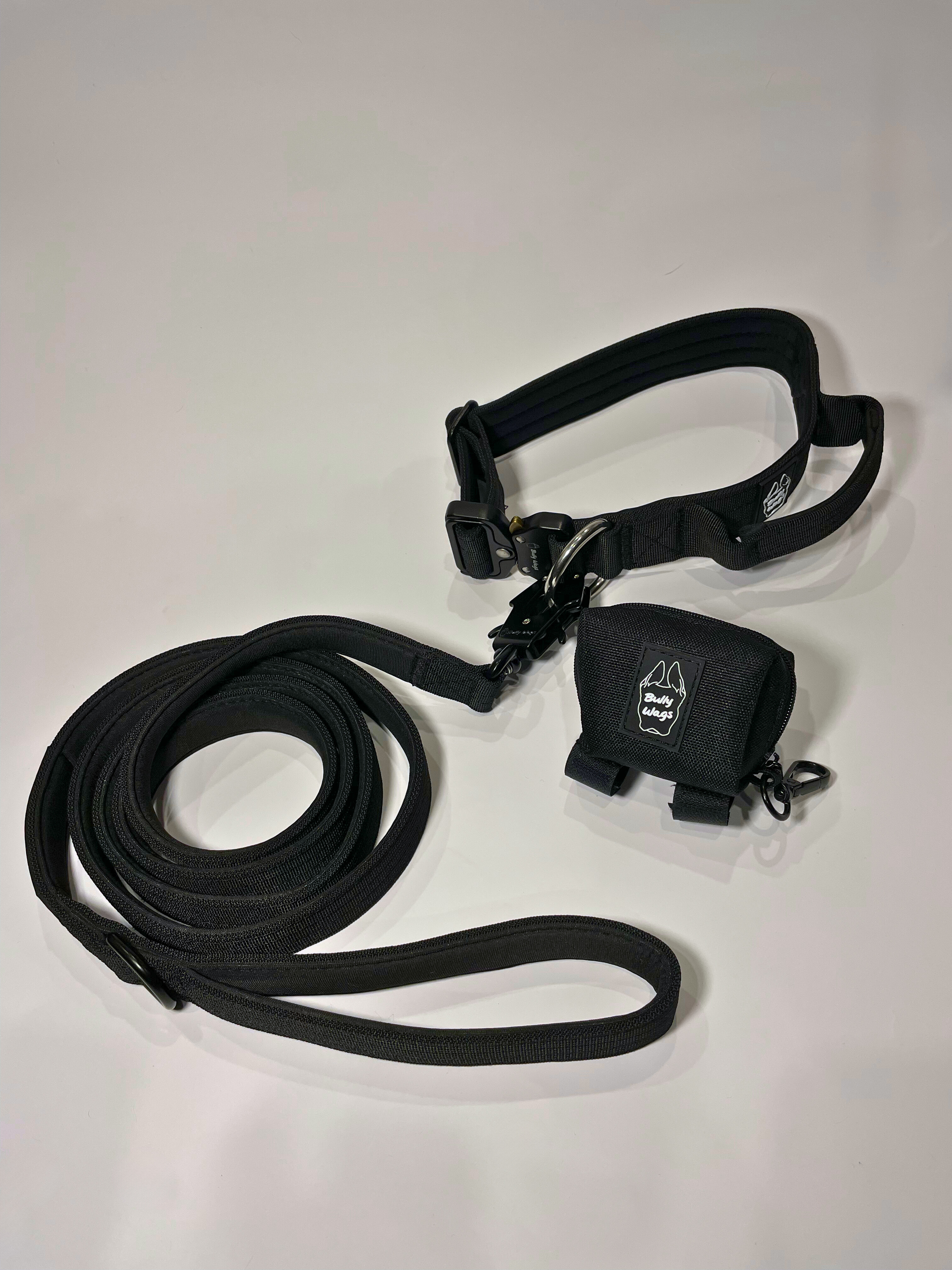 Black dog collar, matching nylon leash, and portable poop bag dispenser set displayed on a white background.