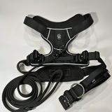 Black Heavy Duty harness, matching dog collar, and matching nylon leash set displayed on a white background.