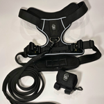 Black Heavy Duty harness, matching nylon leash, and portable poop bag dispenser set displayed on a white background.