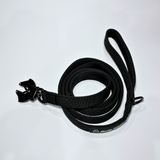 Black nylon dog leash with a black zinc alloy frog clip and padded handle, coiled on a white background.
