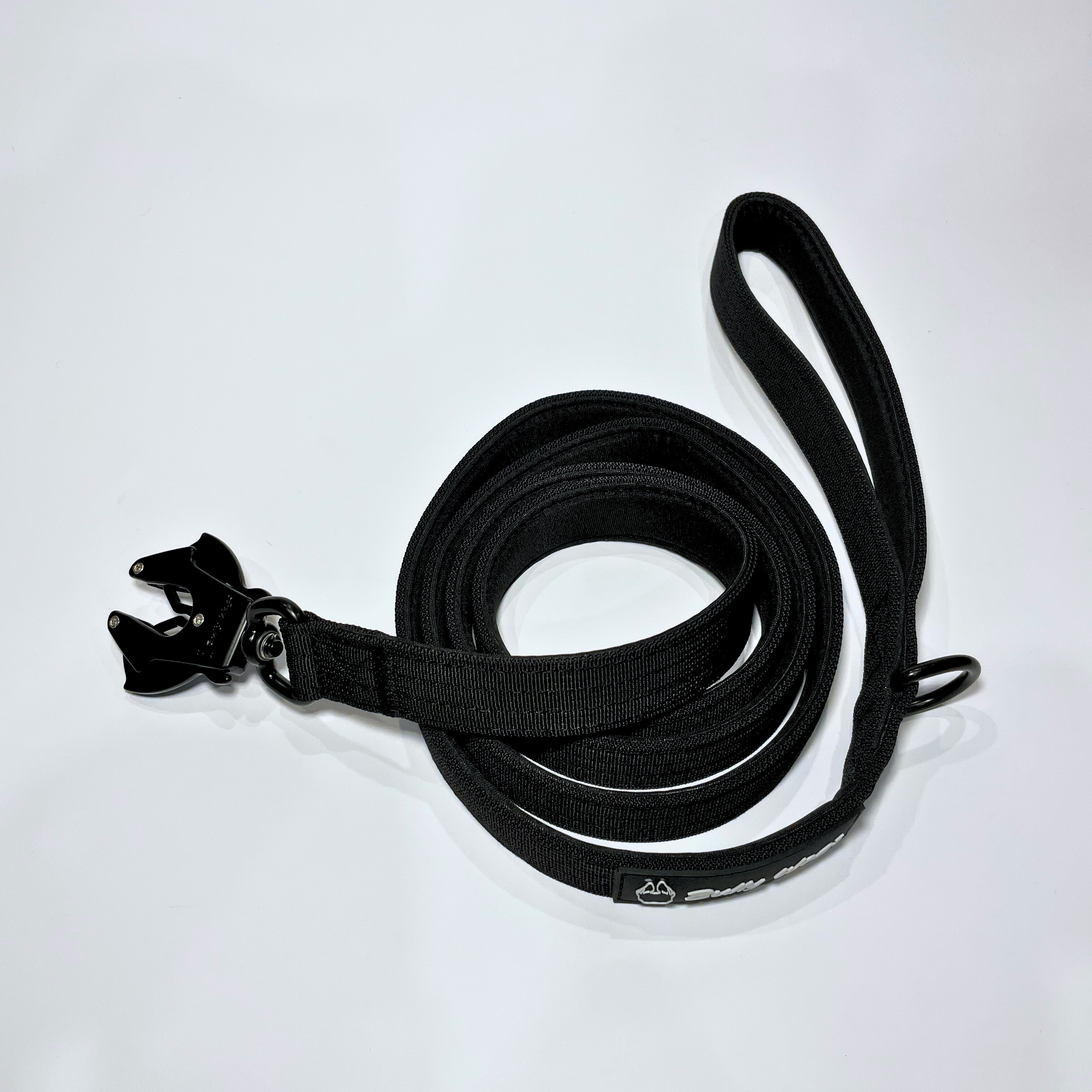 Black nylon dog leash with a black zinc alloy frog clip and padded handle, coiled on a white background.