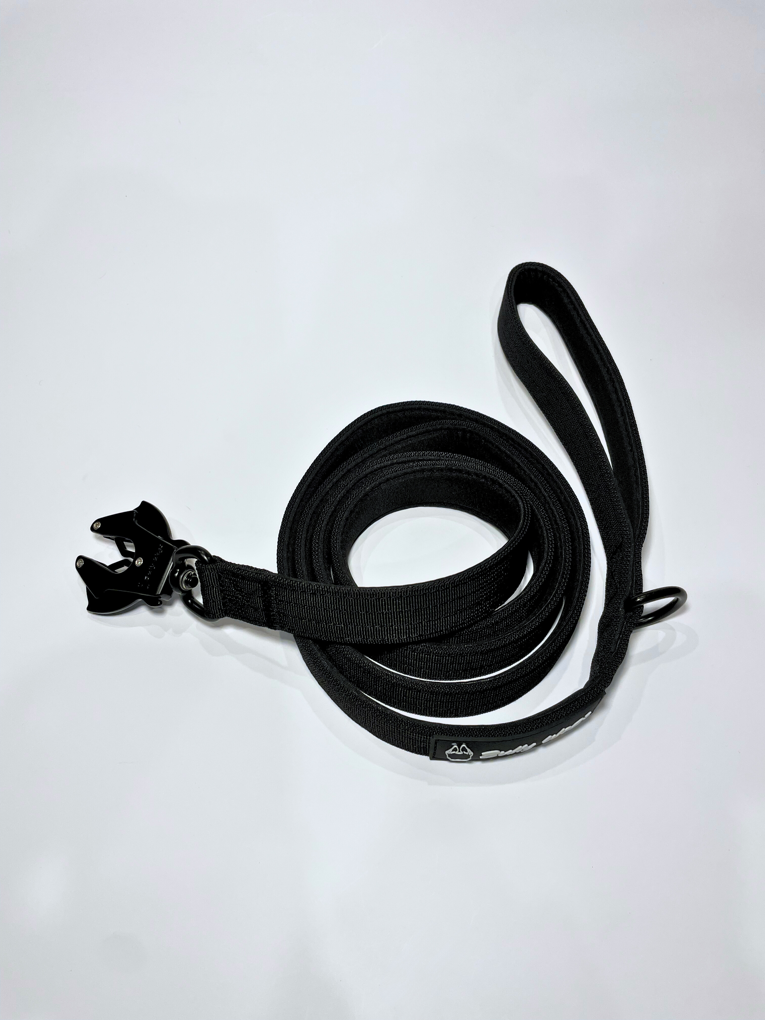 Black nylon dog leash with a black zinc alloy frog clip and padded handle, coiled on a white background.