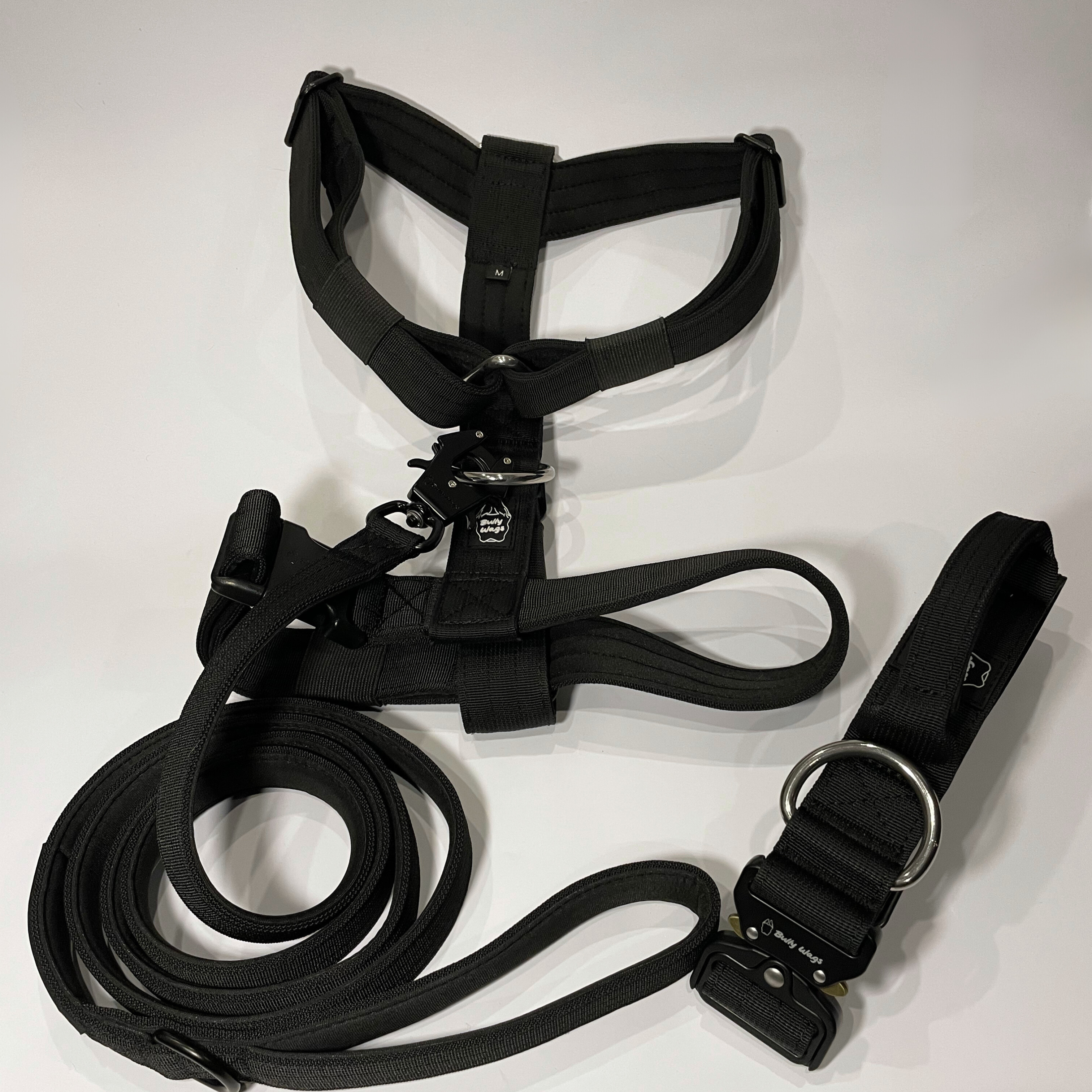 Black Y-strap dog harness, matching dog collar, and matching nylon leash set displayed on a white background.