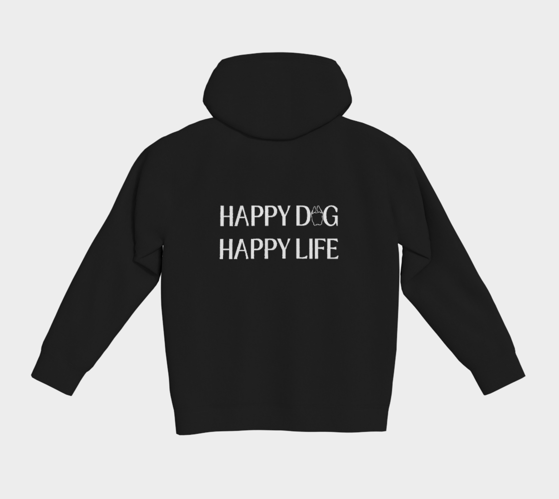 Black Bully Wags hoodie featuring the "Happy Dog Happy Life" design on the back against a light gray background.