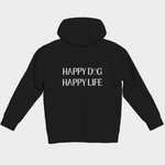 Black Bully Wags hoodie featuring the "Happy Dog Happy Life" design on the back against a light gray background.