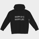 Black Bully Wags hoodie featuring the "Happy Dog Happy Life" design on the back against a light gray background.