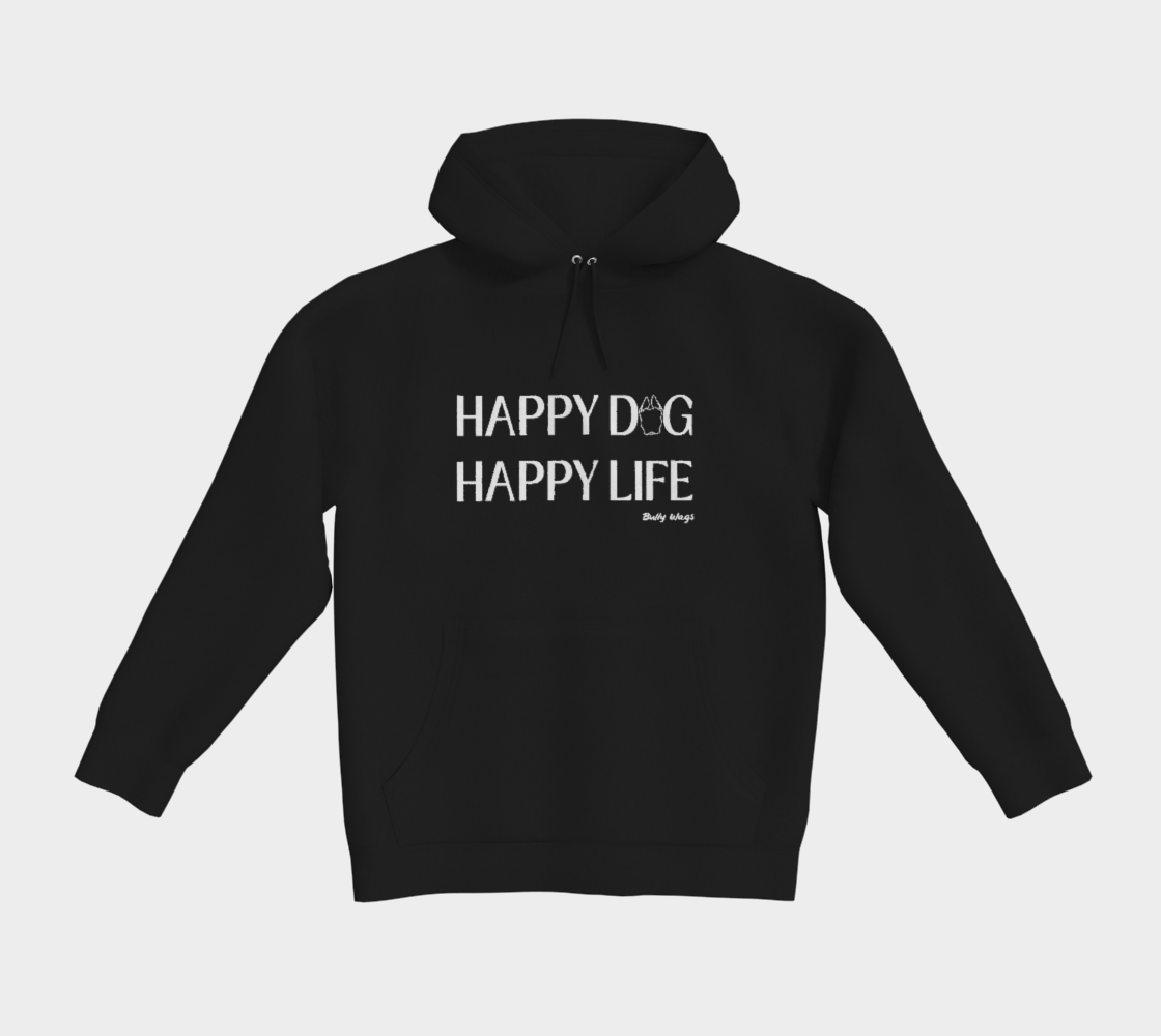 Black Bully Wags hoodie featuring the "Happy Dog Happy Life" design on a white background.