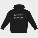 Black Bully Wags hoodie featuring the "Happy Dog Happy Life" design on a white background.