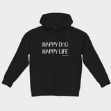 Black Bully Wags hoodie featuring the "Happy Dog Happy Life" design on a white background.