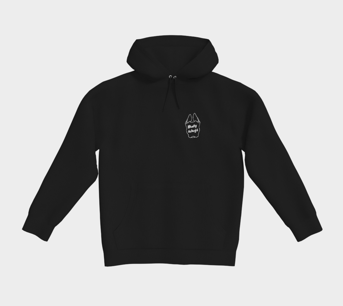 Black Bully Wags hoodie featuring a small white Bully Wags logo on the front against a light gray background.