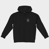 Black Bully Wags hoodie featuring a small white Bully Wags logo on the front against a light gray background.