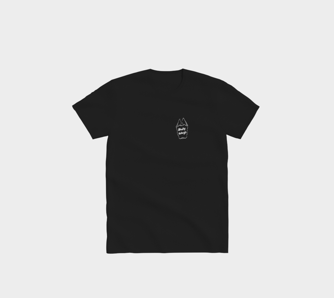 Black Bully Wags t-shirt featuring a small white Bully Wags logo on the front against a light gray background.