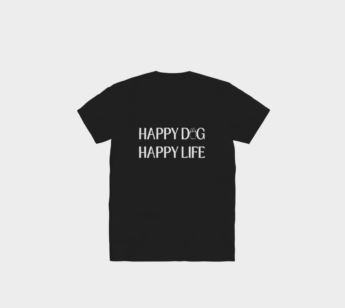 Black Bully Wags t-shirt featuring the "Happy Dog Happy Life" design on a light gray background.