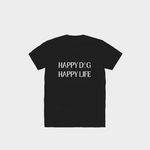 Black Bully Wags t-shirt featuring the "Happy Dog Happy Life" design on a light gray background.