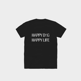 Black Bully Wags t-shirt featuring the "Happy Dog Happy Life" design on a light gray background.