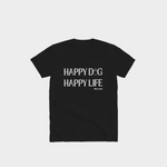 Black Bully Wags t-shirt featuring the "Happy Dog Happy Life" design on a light gray background.