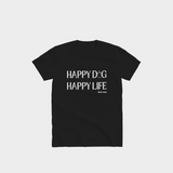 Black Bully Wags t-shirt featuring the "Happy Dog Happy Life" design on a light gray background.