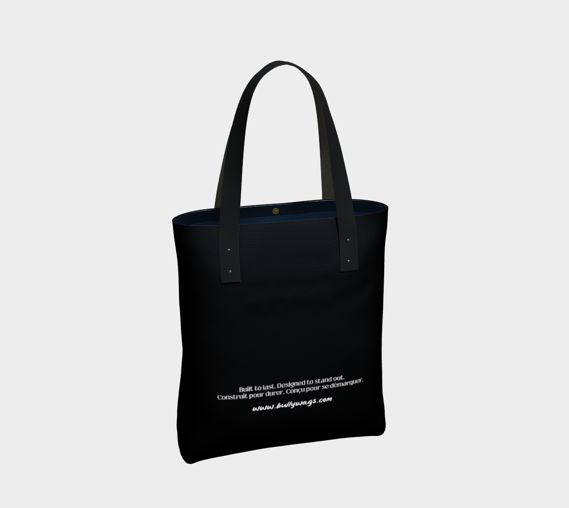 Black Bully Wags tote bag featuring the Bully Wags logo and white text on a light gray background.
