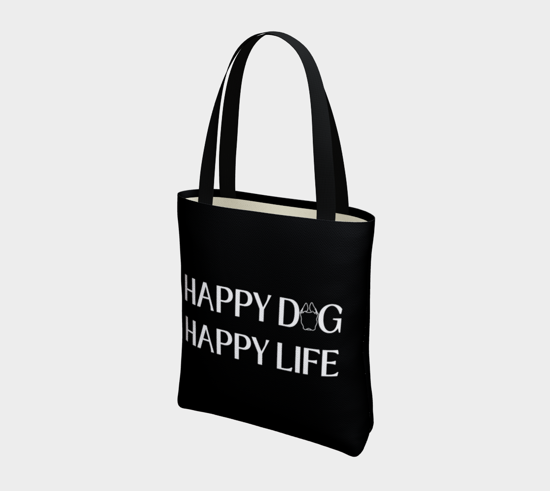 Black Bully Wags tote bag featuring the "Happy Dog Happy Life" design on a light gray background.