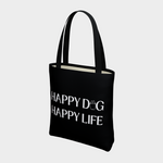 Black Bully Wags tote bag featuring the "Happy Dog Happy Life" design on a light gray background.