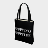 Black Bully Wags tote bag featuring the "Happy Dog Happy Life" design on a light gray background.