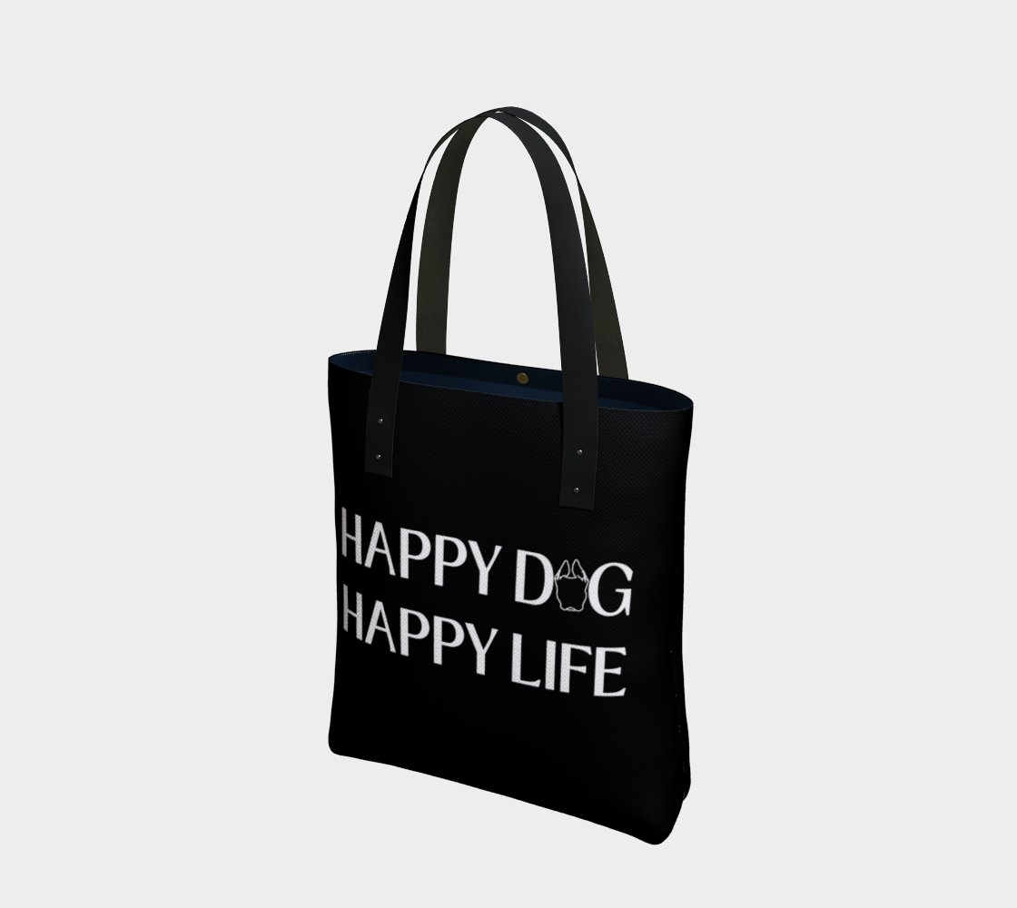 Black Bully Wags tote bag featuring the "Happy Dog Happy Life" design on a light gray background.
