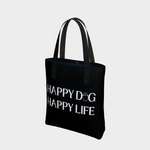 Black Bully Wags tote bag featuring the "Happy Dog Happy Life" design on a light gray background.