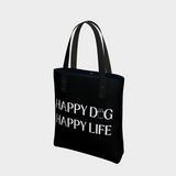 Black Bully Wags tote bag featuring the "Happy Dog Happy Life" design on a light gray background.