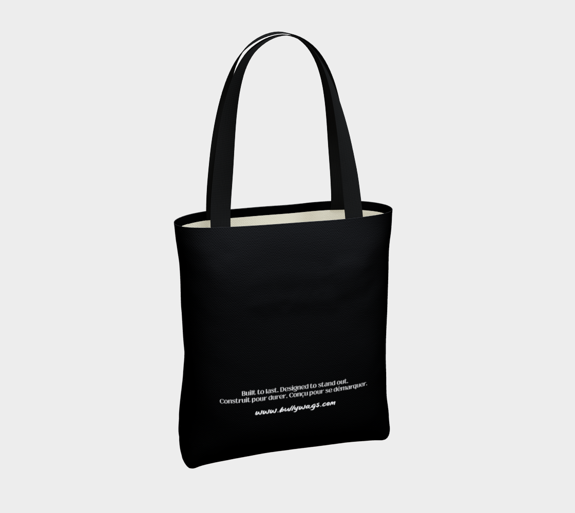 Black Bully Wags tote bag featuring white text on a light gray background.