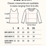 Classic crewneck size chart showing garment measurements for multiple sweatshirt sizes.