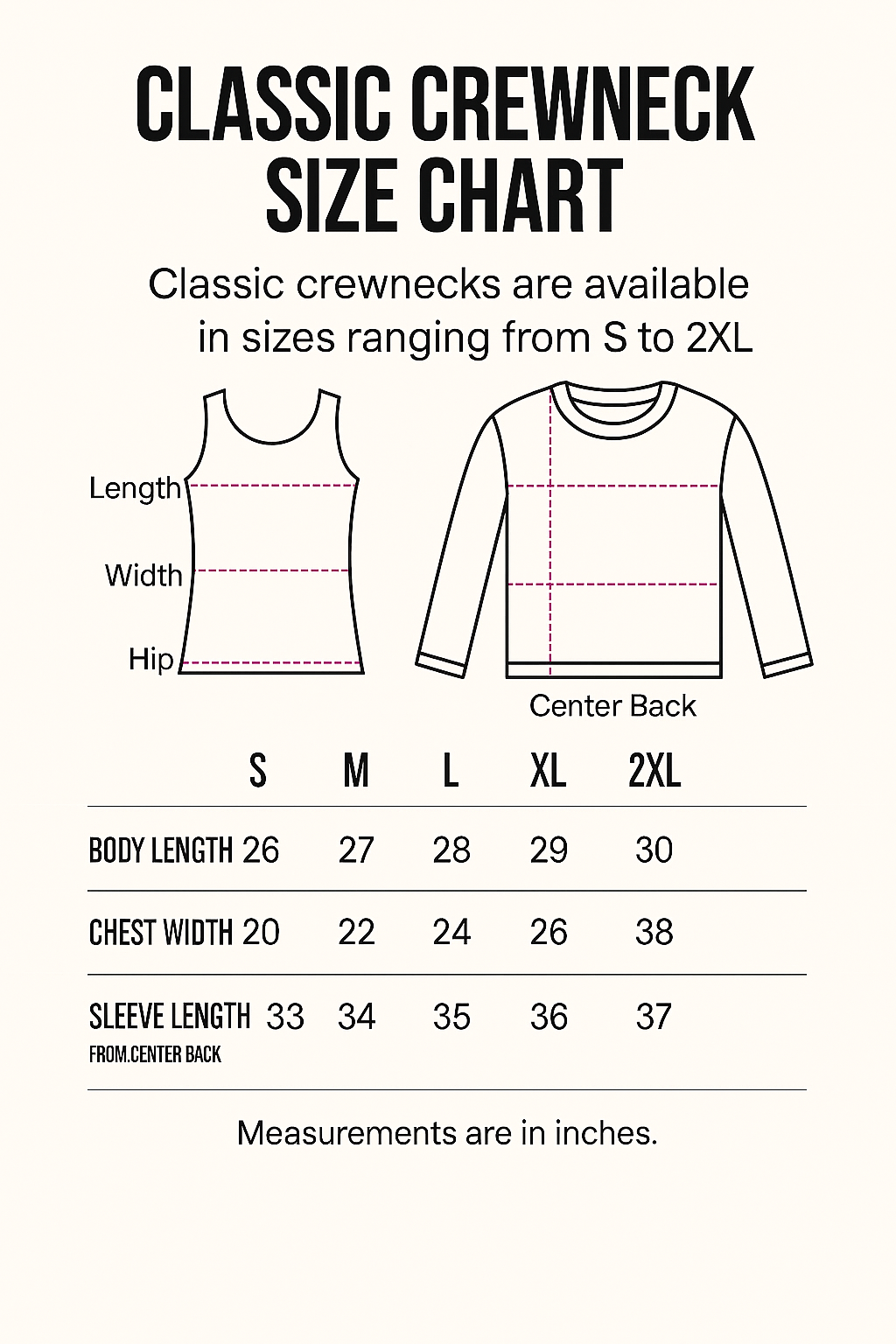 Classic crewneck size chart showing garment measurements for multiple sweatshirt sizes.
