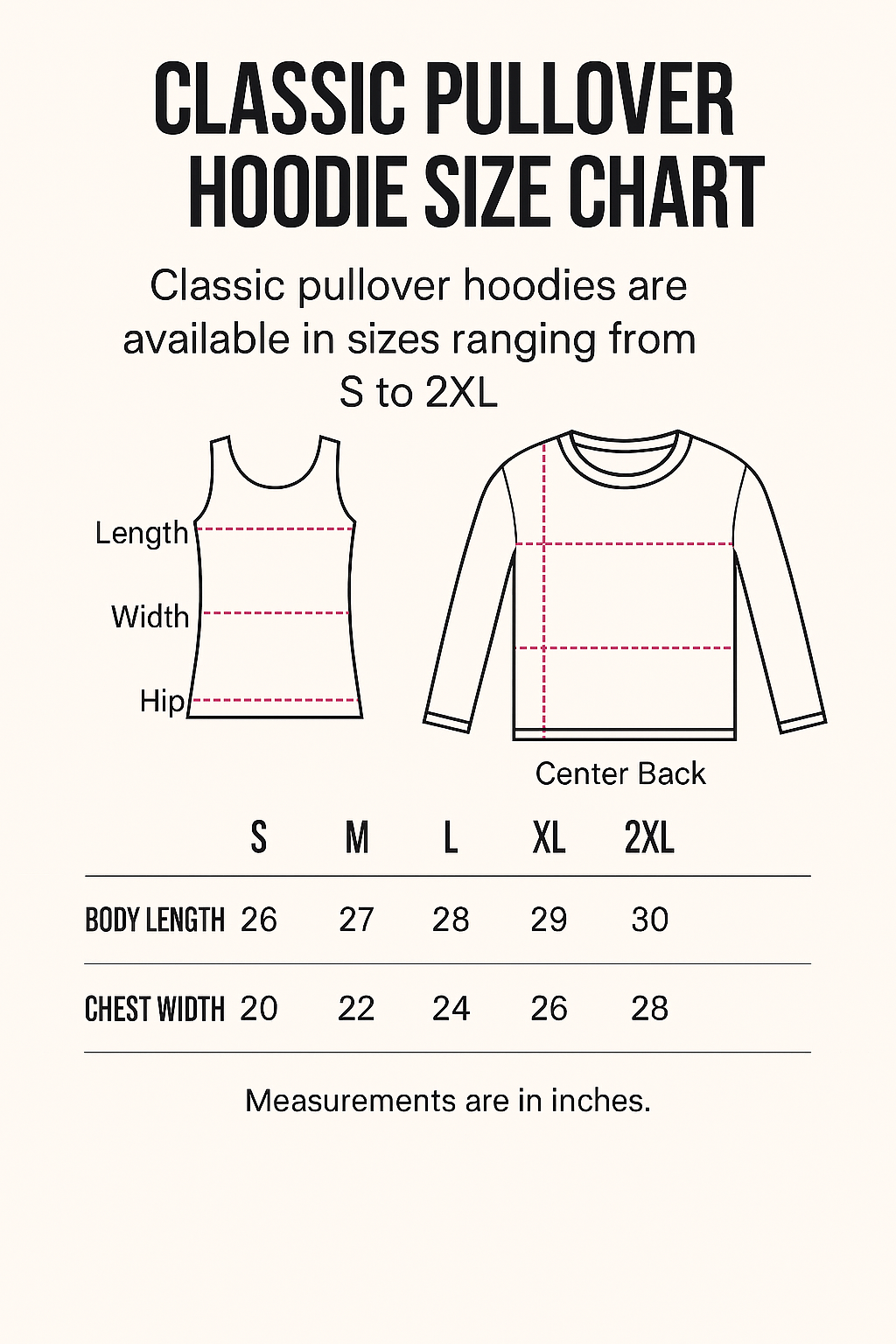 Classic pullover hoodie size chart with measurement diagram and sizing information for multiple hoodie sizes.