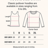 Classic pullover hoodie size chart with measurement diagram and sizing information for multiple hoodie sizes.