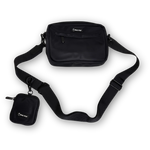 Black Bully Wags crossbody dog walking bag with a matching accessory pouch, displayed on a white background.