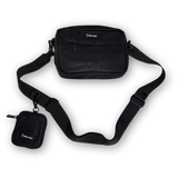 Black Bully Wags crossbody dog walking bag with a matching accessory pouch, displayed on a white background.