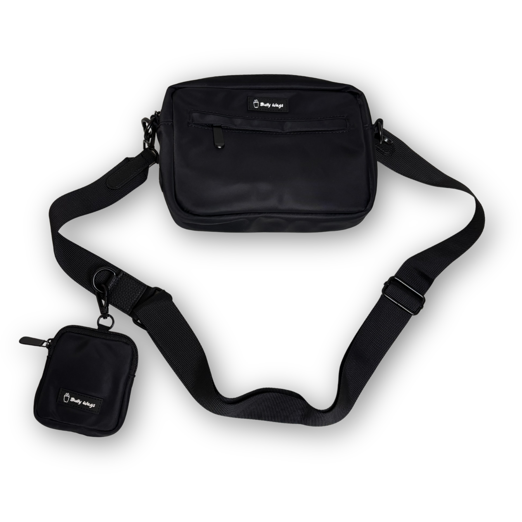 Black Bully Wags crossbody dog walking bag with a matching accessory pouch, displayed on a white background.