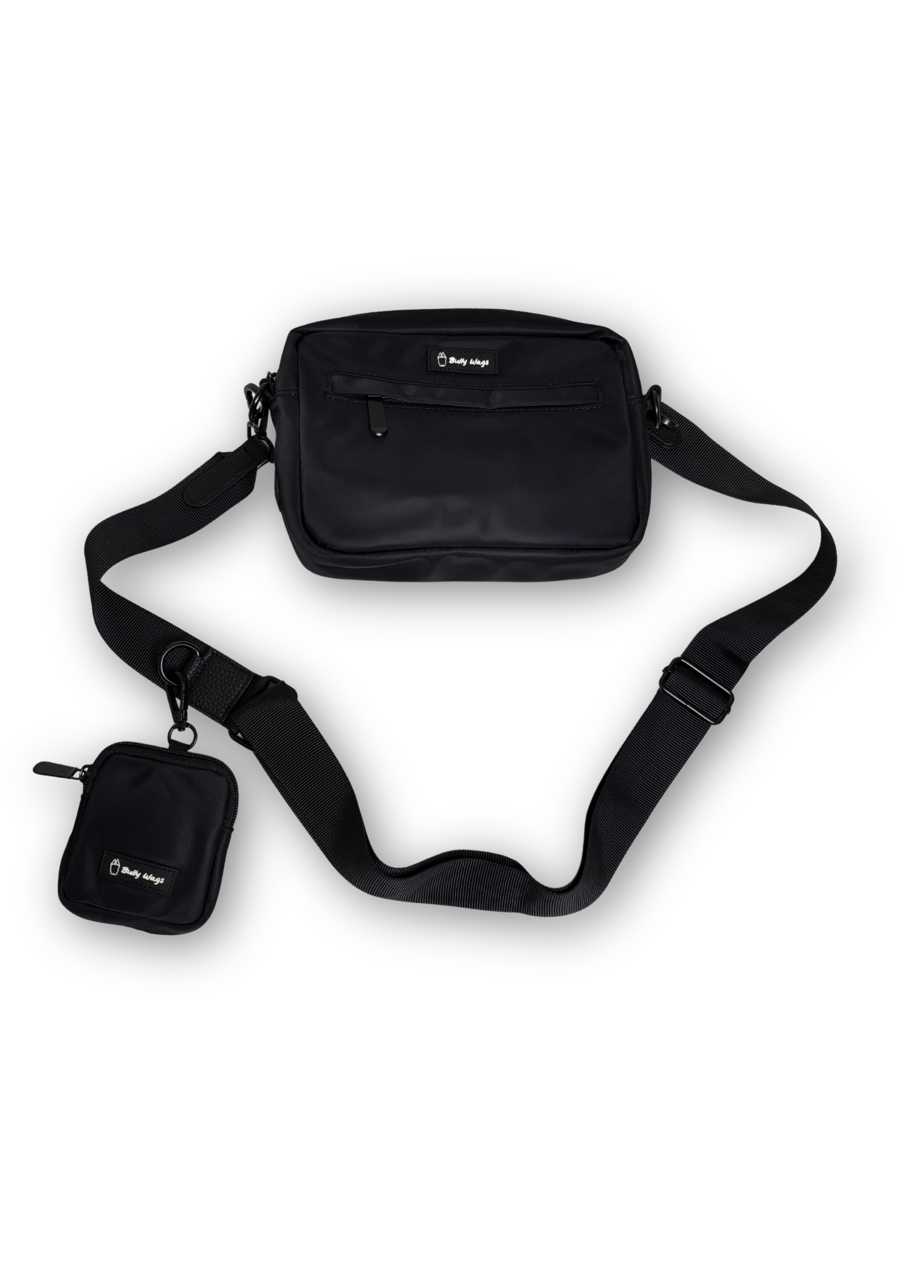 Black Bully Wags crossbody dog walking bag with a matching accessory pouch, displayed on a white background.