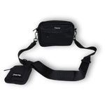 Black Bully Wags crossbody dog walking bag and matching accessory pouch featuring visible Bully Wags logos, displayed on a white background.