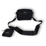 Black Bully Wags crossbody dog walking bag and matching accessory pouch featuring visible Bully Wags logos, displayed on a white background.