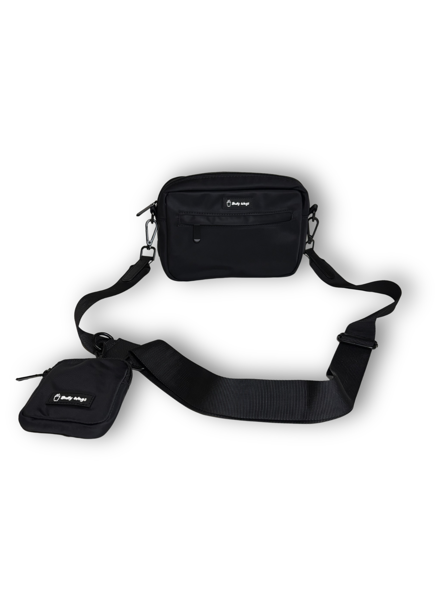 Black Bully Wags crossbody dog walking bag and matching accessory pouch featuring visible Bully Wags logos, displayed on a white background.