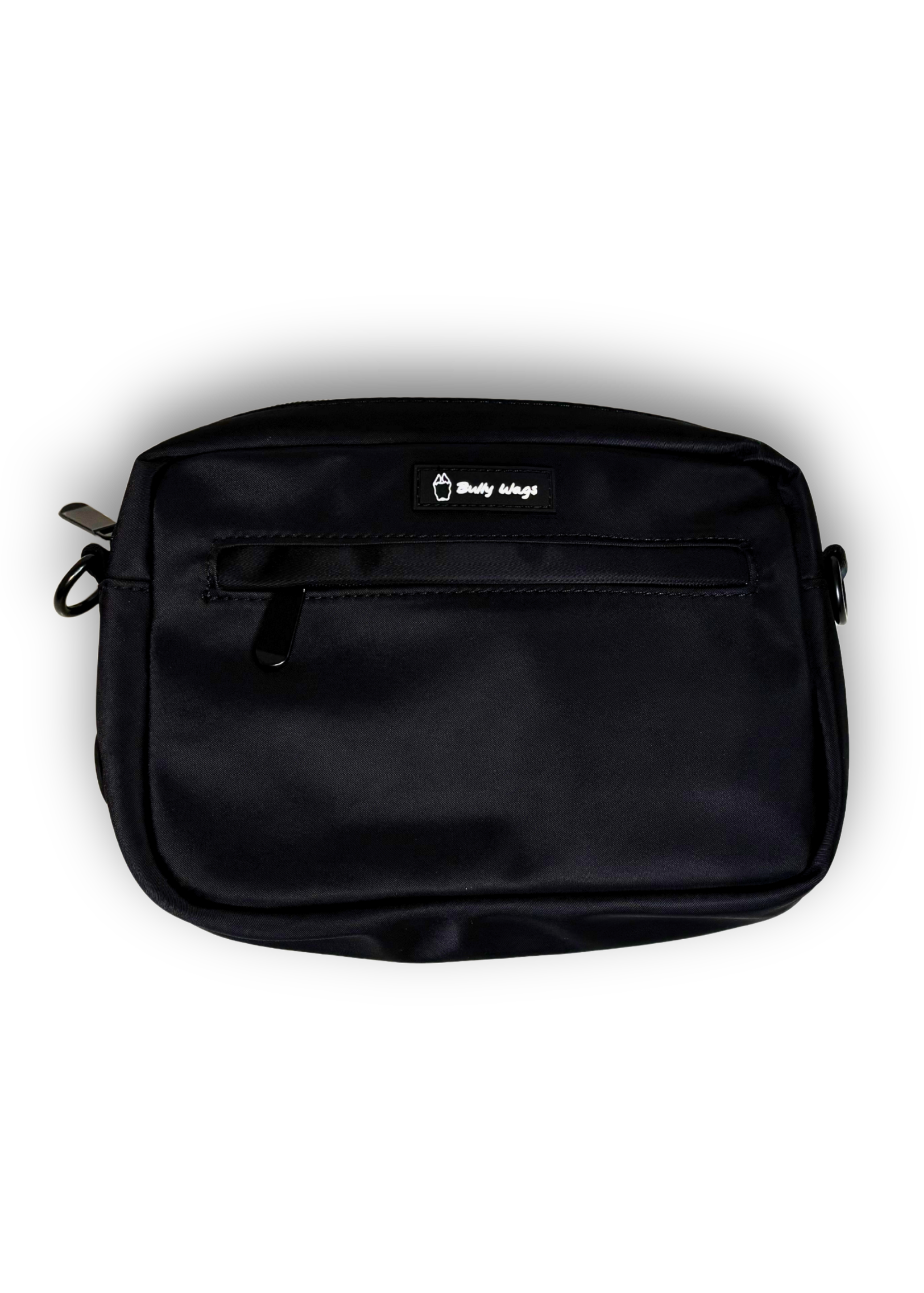 Black Bully Wags crossbody dog walking bag featuring the Bully Wags logo on a white background.