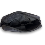 Black Bully Wags crossbody dog walking bag shown open, revealing the interior storage compartments and zipper closure on a white background.