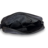 Black Bully Wags crossbody dog walking bag shown open, revealing the interior storage compartments and zipper closure on a white background.