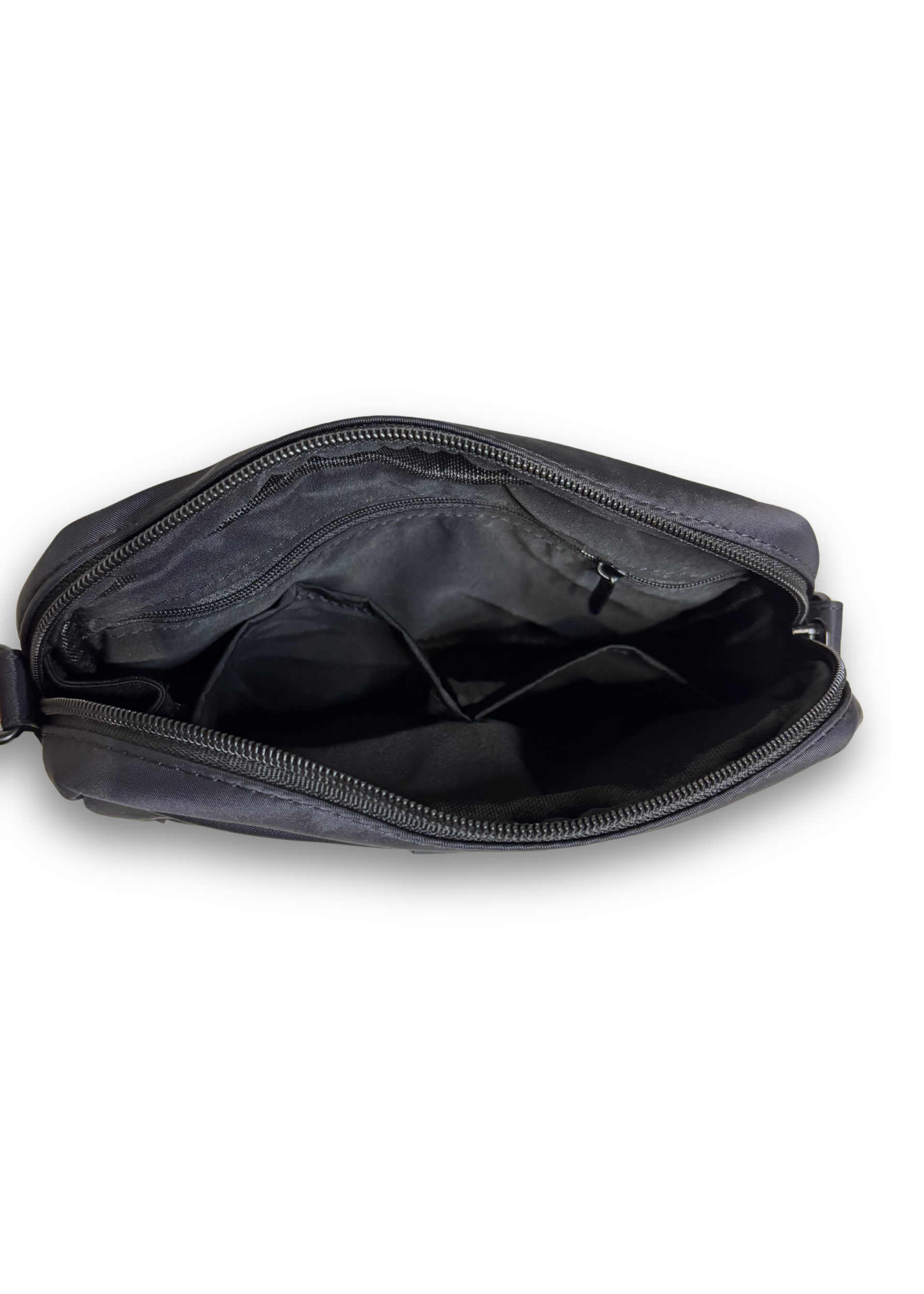 Black Bully Wags crossbody dog walking bag shown open, revealing the interior storage compartments and zipper closure on a white background.